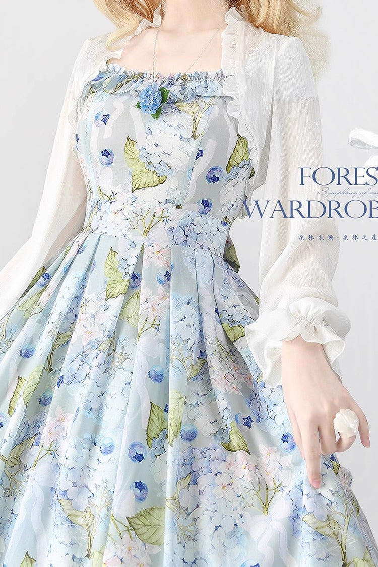 Blue Forest Basket Blueberry Hydrangea Print Bowknot Chiffon Sweet Elegant Lolita Jsk Dress