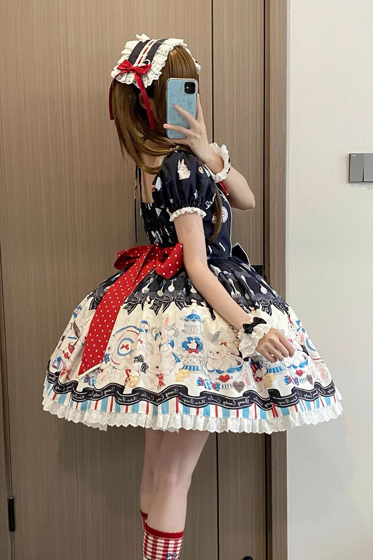 Black Mystery Rabbit Tea Party Square Collar Short Sleeves Print Ruffle Bowknot Lace Sweet Lolita Dress