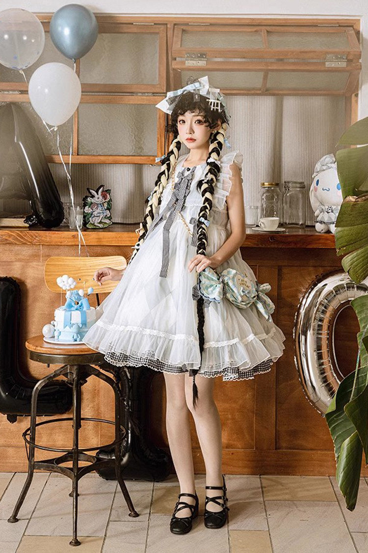 White/Blue Sleeveless Diamond Plaid Print Bowknot Alice Sweet Lolita JSK Dress