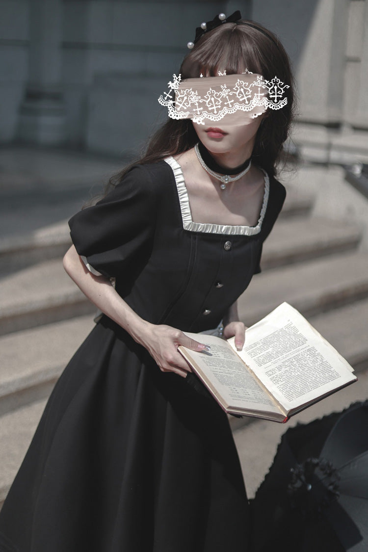 Black Random Thoughts Square Collar Short Sleeves Ruffle Classic Vintage Elegant Lolita Dress