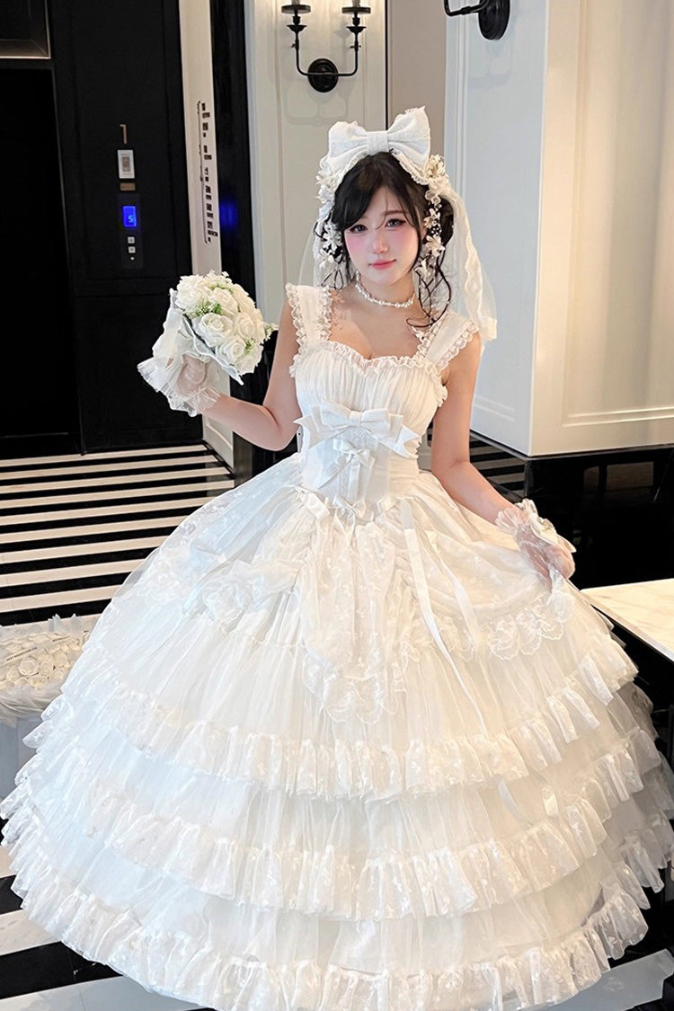 White Maiden Lace Off Shoulder Triple-Layered Ruffle Hanayome Bowknot Lace Sweet Lolita Jsk Dress