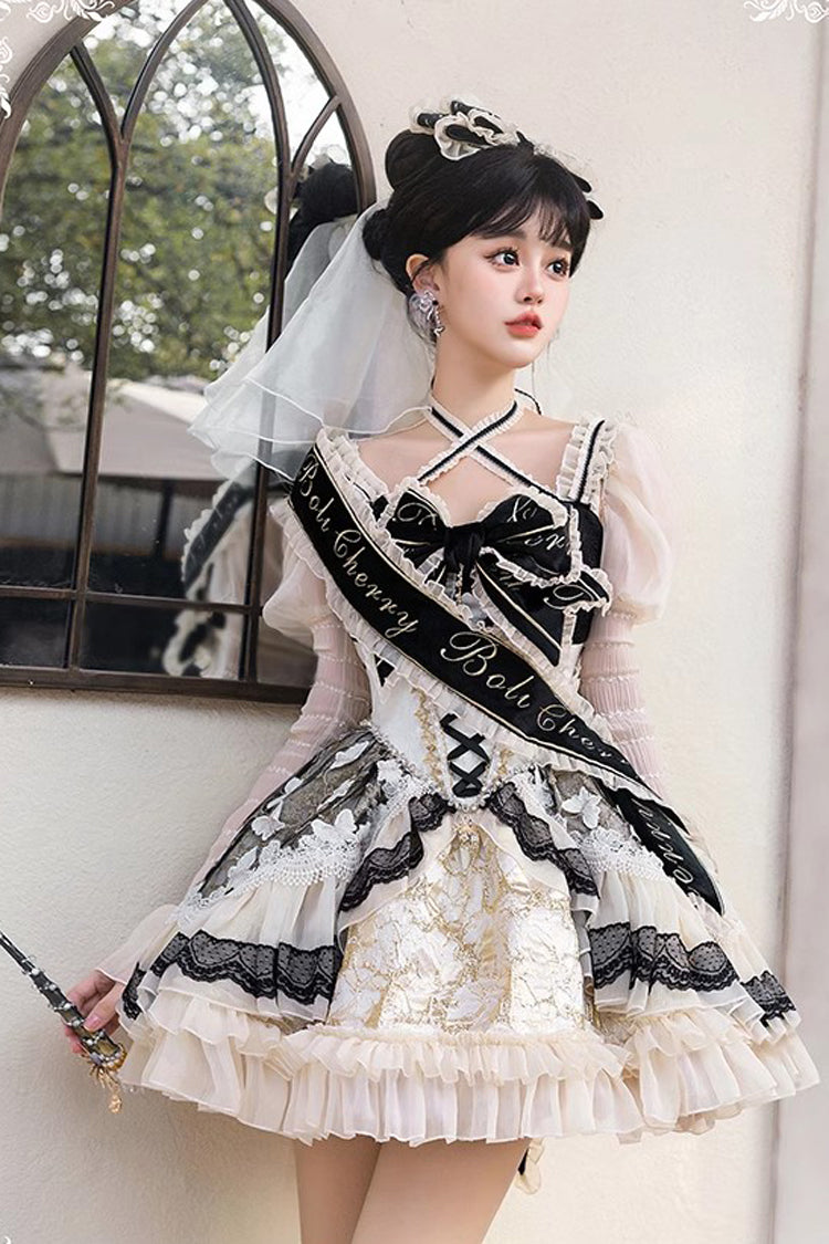 Black/Gold Lilibet Print Ruffle Cardigan Bowknot Lace Fishbone Sweet Lolita Dress