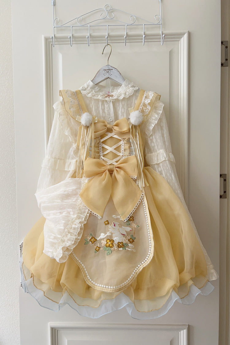 Yellow Moon Rabbit Shadow Embroidery Ruffle Bowknot Lace Sweet Lolita Jsk Dress