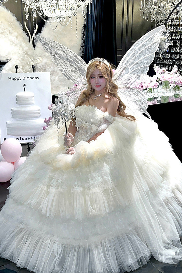 White Maiden's Love Off Shoulder Triple-Layered Ruffled Hanayome Bow Lace Sweet Princess Lolita Dress