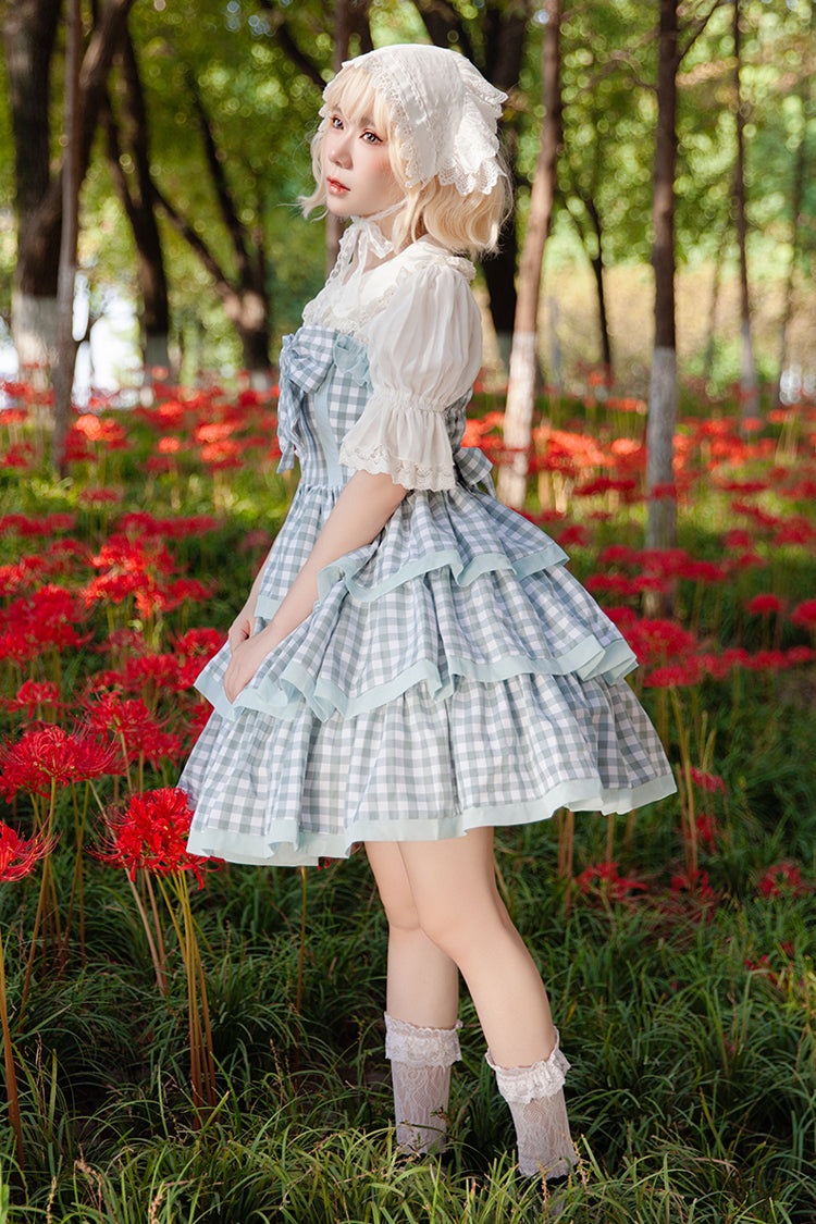 Blue Cloth Cat Triple-Layered Plaid Print Ruffle Bowknot Sweet Lolita Dress 2 Colors
