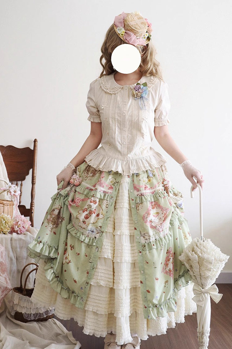 Green Cat Rose Tea Print Ruffle Daily Sweet Lolita Skirt