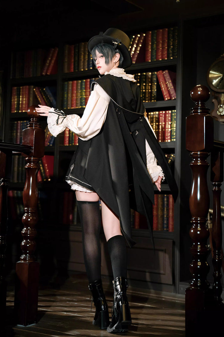 Black Rabbit-Ear Meteorite Stand Collar Long Sleeves Ruffled Embroidered Bow Gothic Ouji Lolita Shorts Vest Set