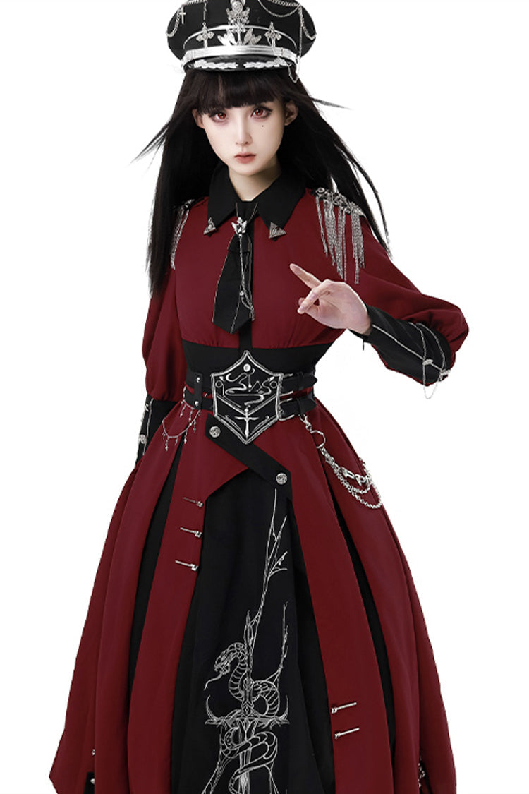 Red/Black Scarlet Night Knight Metal Chain Print Bowknot Gothic Military Elegant Lolita Dress