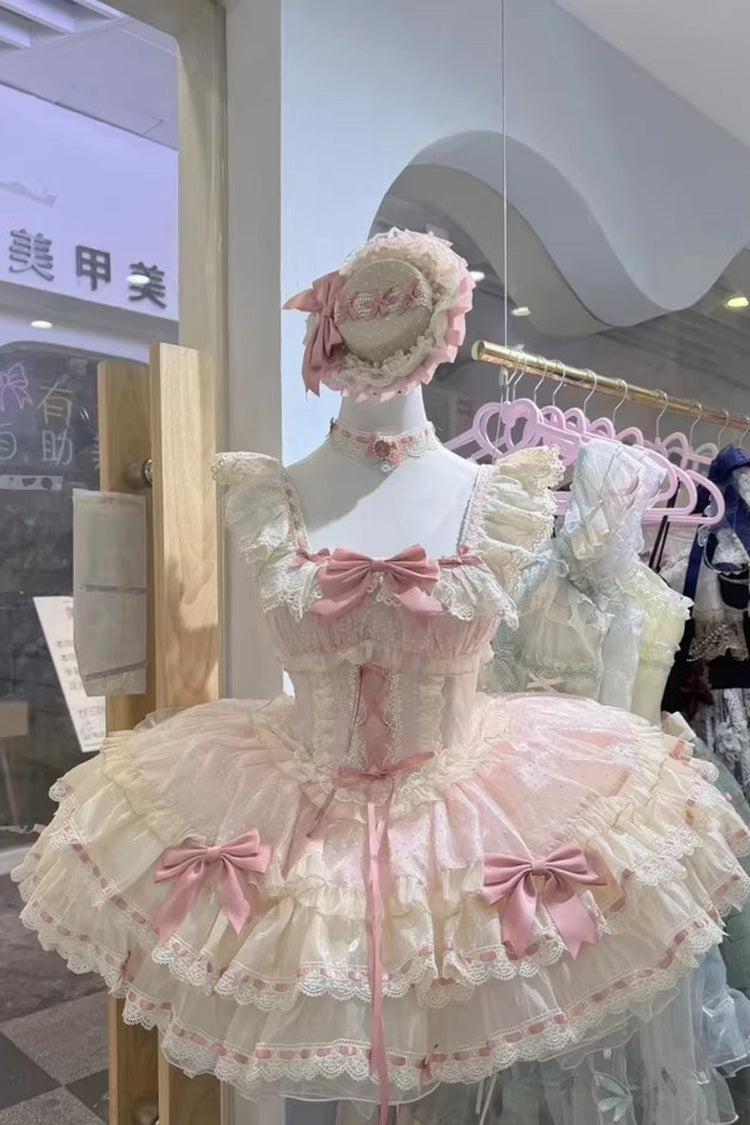 Pink Flory Butterfly Double-Layered Ruffle Bowknot Lace Lace-Up Sweet Ballet Lolita Jsk Dress