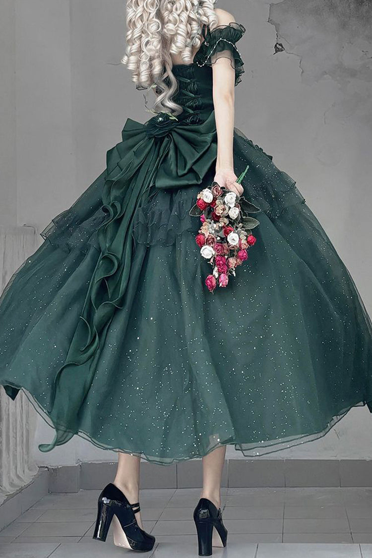 Green Bright Stars Off Shoulder Ruffle Bowknot Asymmetric Sweet Elegant Princess Lolita Dress