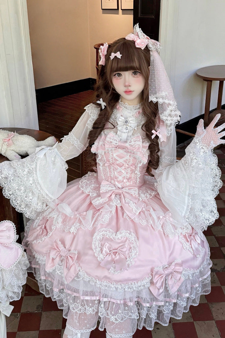 Pink Sweetheart Sleeveless Multi-Layered Embroidered Bow Lace Lace-Up Sweet Lolita Jsk Dress