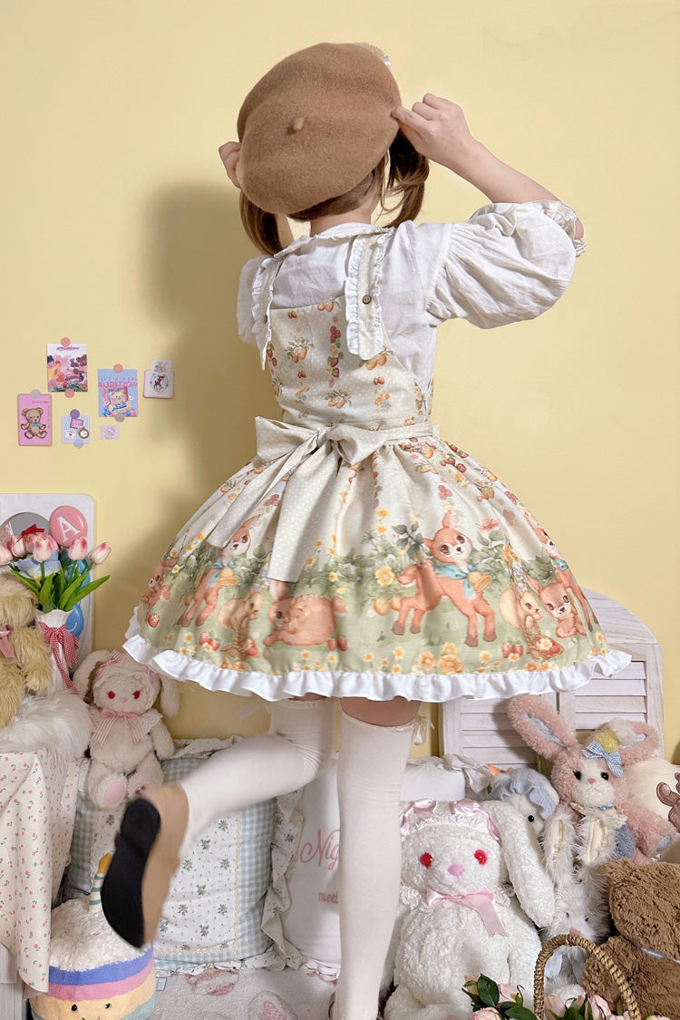 Multi-Color Little Deer Gathering Sleeveless Print Ruffle Bowknot Daily Sweet Lolita Strap Dress