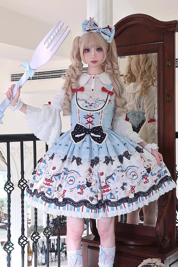 Blue Mystery Rabbit Tea Party Sleeveless Print Ruffle Bowknot Lace Sweet Lolita Jsk Dress