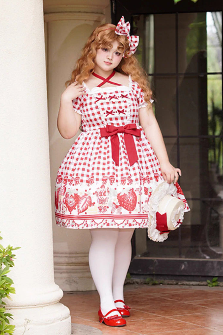 Red Short Sleeves Strawberry Plaid Print Bowknot Sweet Plus Size Princess Lolita Dress