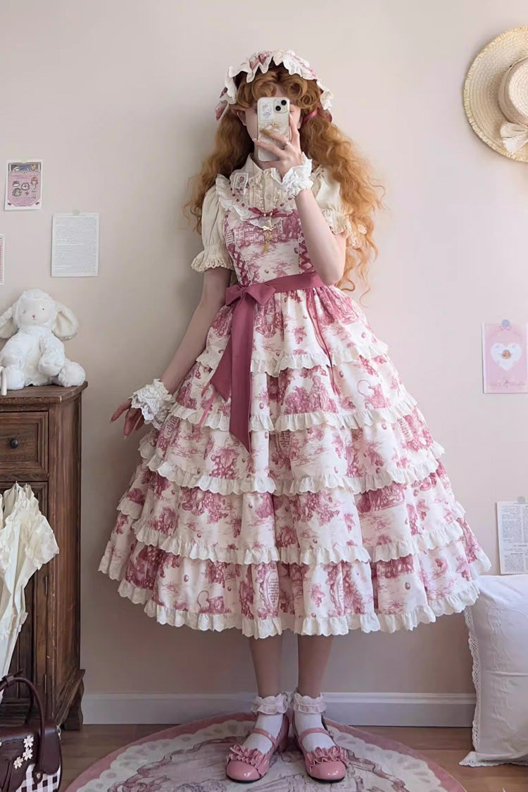 Rose Red Grape Moon Almanac Sleeveless Multi-Layered Printed Ruffled Bow Adjustable-Length Sweet Lolita Jsk Dress