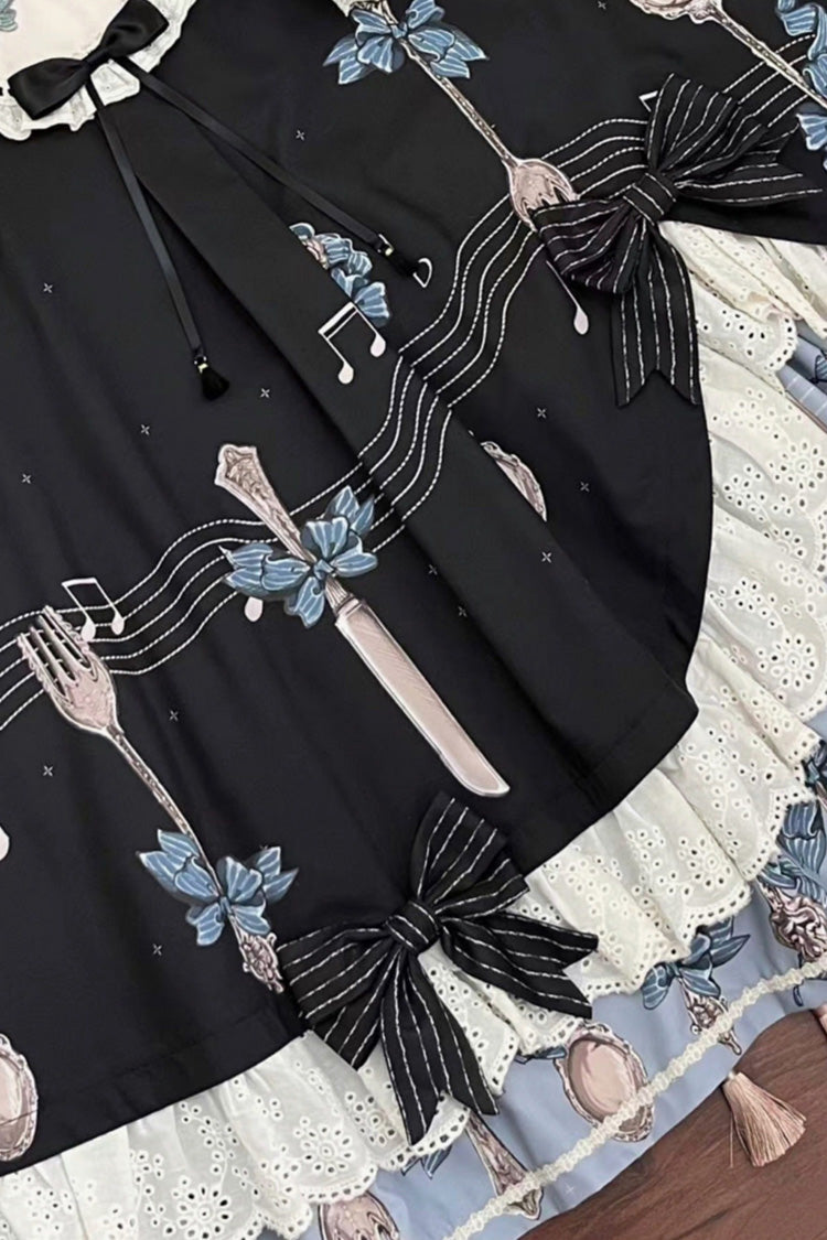 Dark Blue The Witch's Banquet Round Collar Short Sleeves Printed Ruffled Embroidered Bow Asymmetric Sweet Lolita Dress