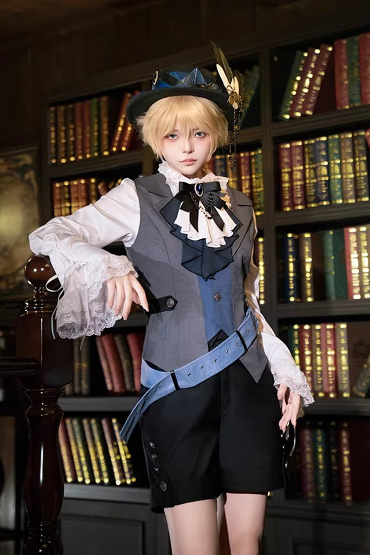 White/Grey/Blue Age of Machines Bow Asymmetric Punk Prince Ouji Lolita Shorts Vest Cloak Set
