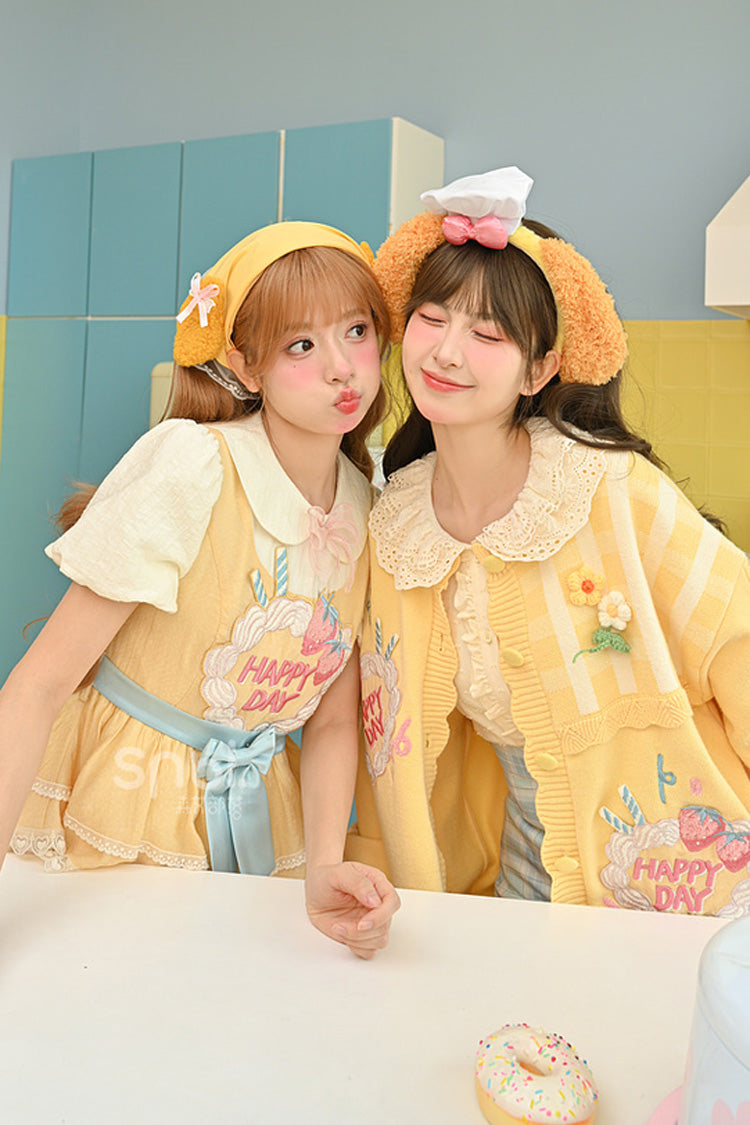 Yellow Happy Day Short Sleeves Triple-Layered Print Bowknot Lace Sweet Princess Lolita Dress