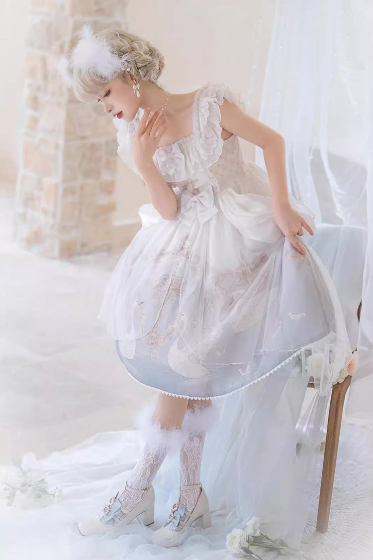 White/Blue Flower and Letter Swan Lake Print Ruffle Bowknot Elegant Lolita Jsk Dress
