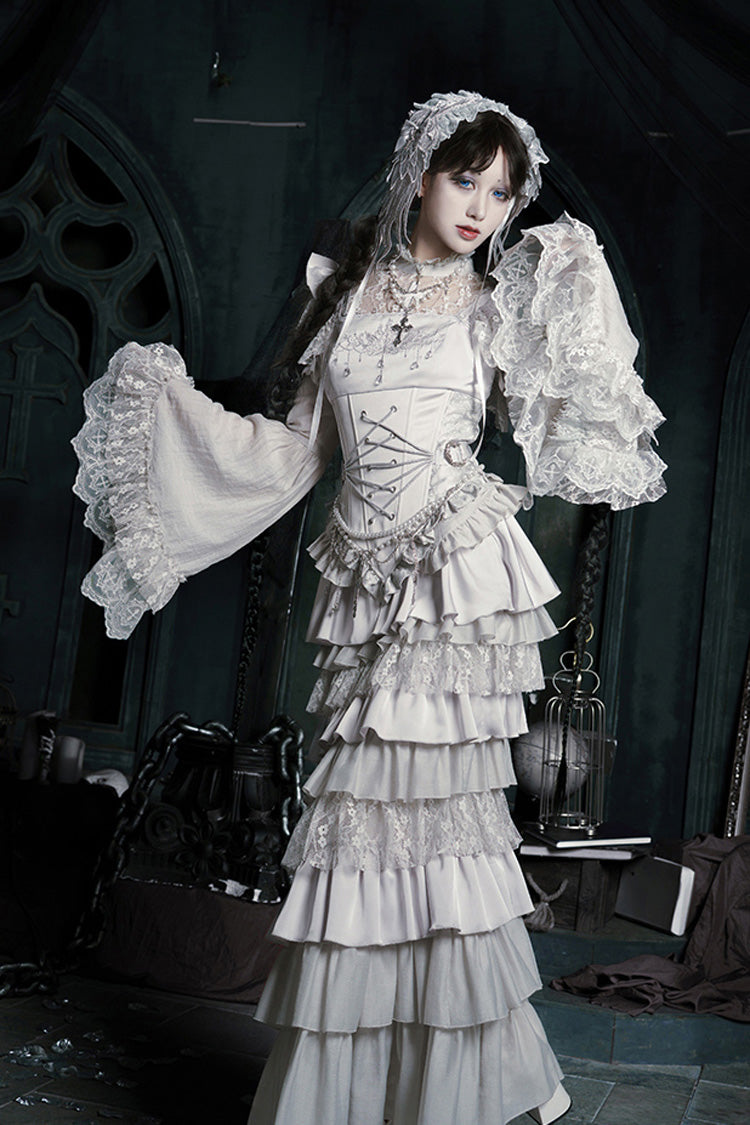 Solid Color Bionic Doll Square Collar Multi-Layered Ruffle Bowknot Lace-Up Gothic Lolita Fishtail Skirt Corset Set