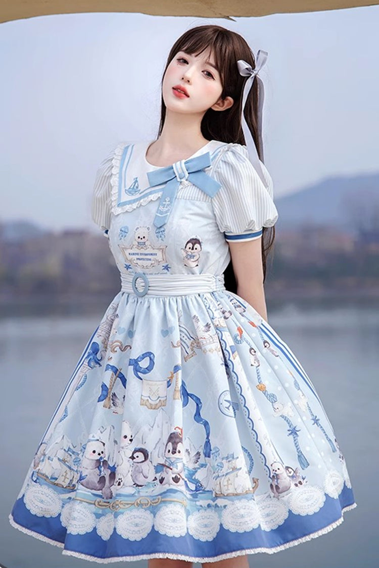 Blue Penguin Navy Short Sleeves Print Ruffle Bowknot Sweet Princess Lolita Dress