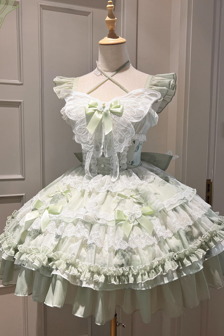 Green Promise of the Blooming Season Print Ruffle Bowknot Lace Sweet Princess Lolita Jsk Dress