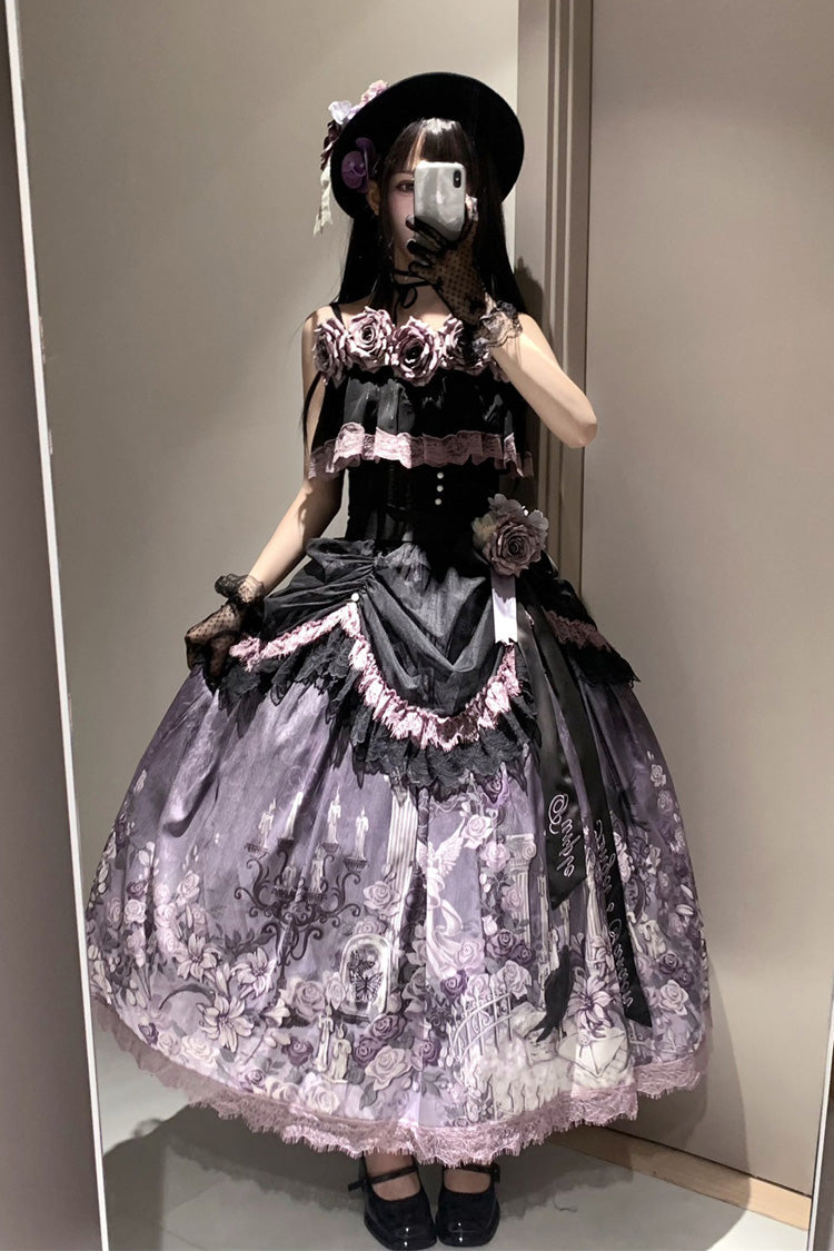 Black/Purple Angel Garden Sleeveless Print Ruffle Bowknot Lace Sweet Gothic Lolita Skirt Set