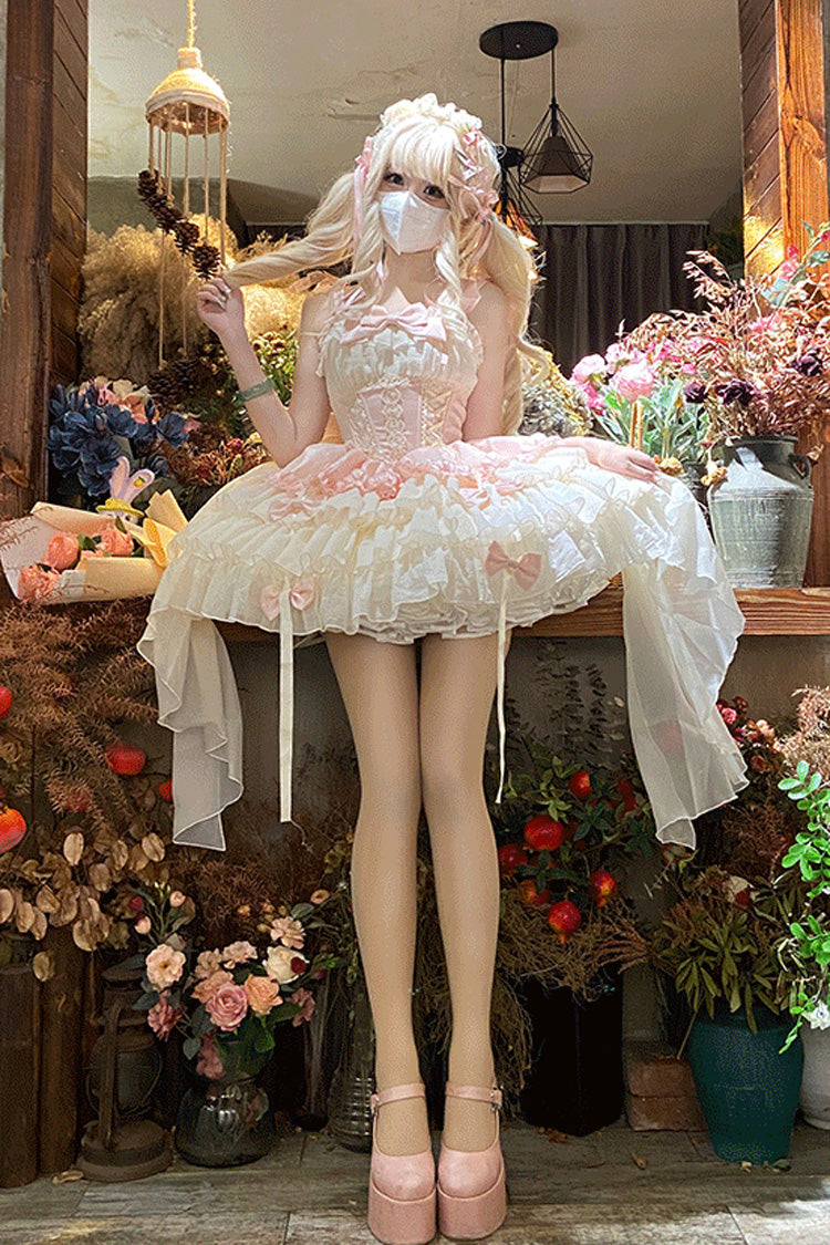 Pink Dance of Time Sleeveless Multi-Layered Ruffle Bowknot Lace Sweet Ballet Lolita Jsk Dress