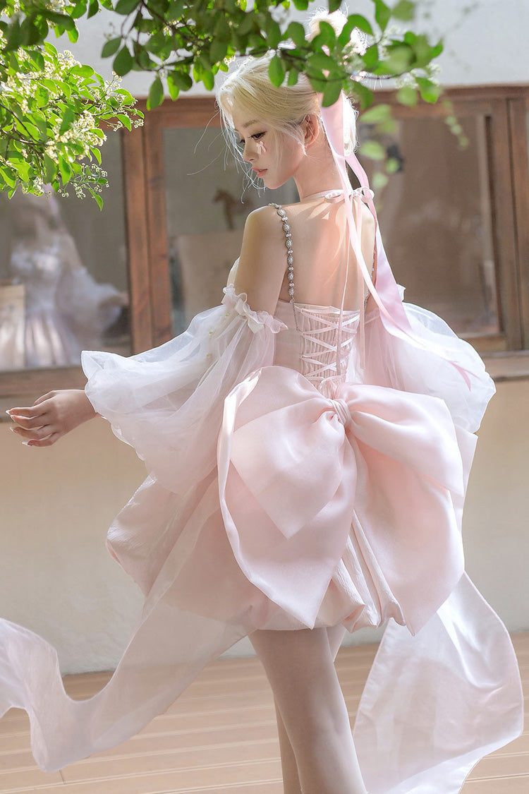 Pink The Runaway Princess Sleeveless Ruffle Bowknot Lace-Up Sweet Lolita Jsk Tulip Dress Set