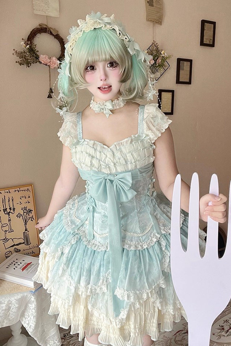 Green Floral Dream Short Sleeves Multi-Layered Ruffle Embroidery Bowknot Lace-Up Sweet Elegant Ballet Lolita Jsk Dress