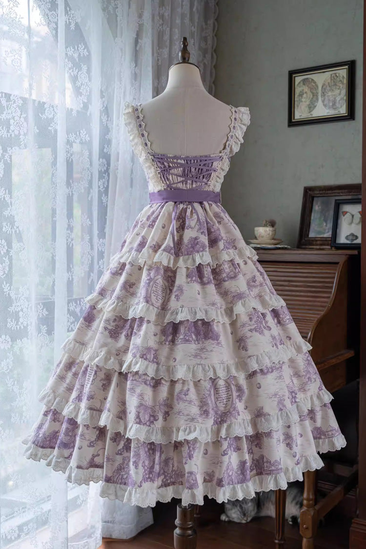 Purple Grape Moon Almanac Sleeveless Multi-Layered Printed Ruffled Bow Adjustable-Length Sweet Lolita Jsk Dress