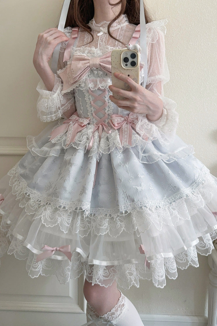 Blue Fleishi Island Sleeveless Ruffle Bowknot Lace Slim Sweet Ballet Lolita Jsk Dress