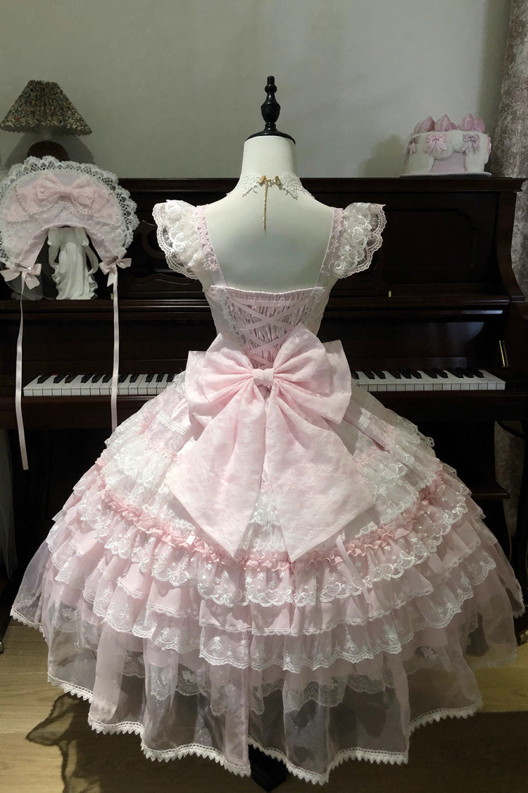 Pink Prelude of Spring Sleeveless Multi-Layered Ruffled Bow Lace Sweet Princess Lolita Jsk Dress
