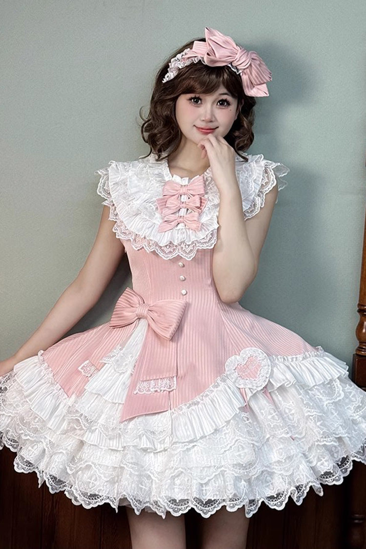 Pink Miss Tsundere Sleeveless Multi-Layered Ruffle Bowknot Lace Asymmetric Sweet Princess Lolita Dress