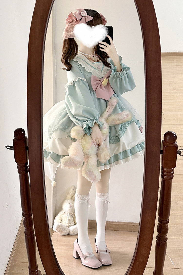 Pray Star Long Sleeves Double-Layered Ruffle Bowknot Stitching Lace Sweet Lolita Dress 5 Colors