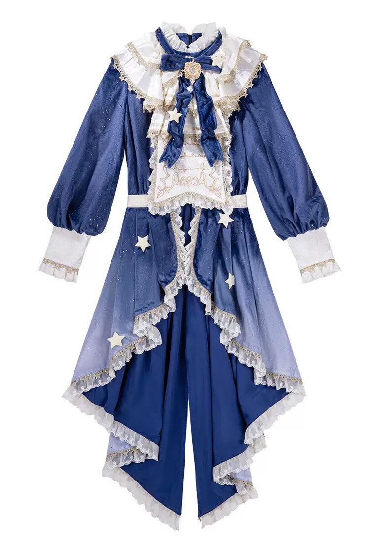 Blue Long Sleeves Ombre Ruffled Bow Ouji Gothic Lolita Swallowtail Dress Shorts Set