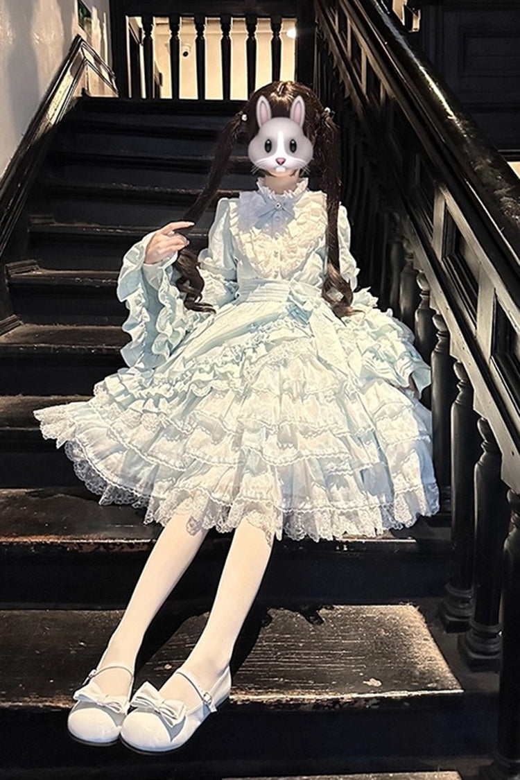 Blue The Soloist Doll Long Hime Sleeves Multi-Layered Print Ruffle Bowknot Asymmetric Sweet Lolita Dress