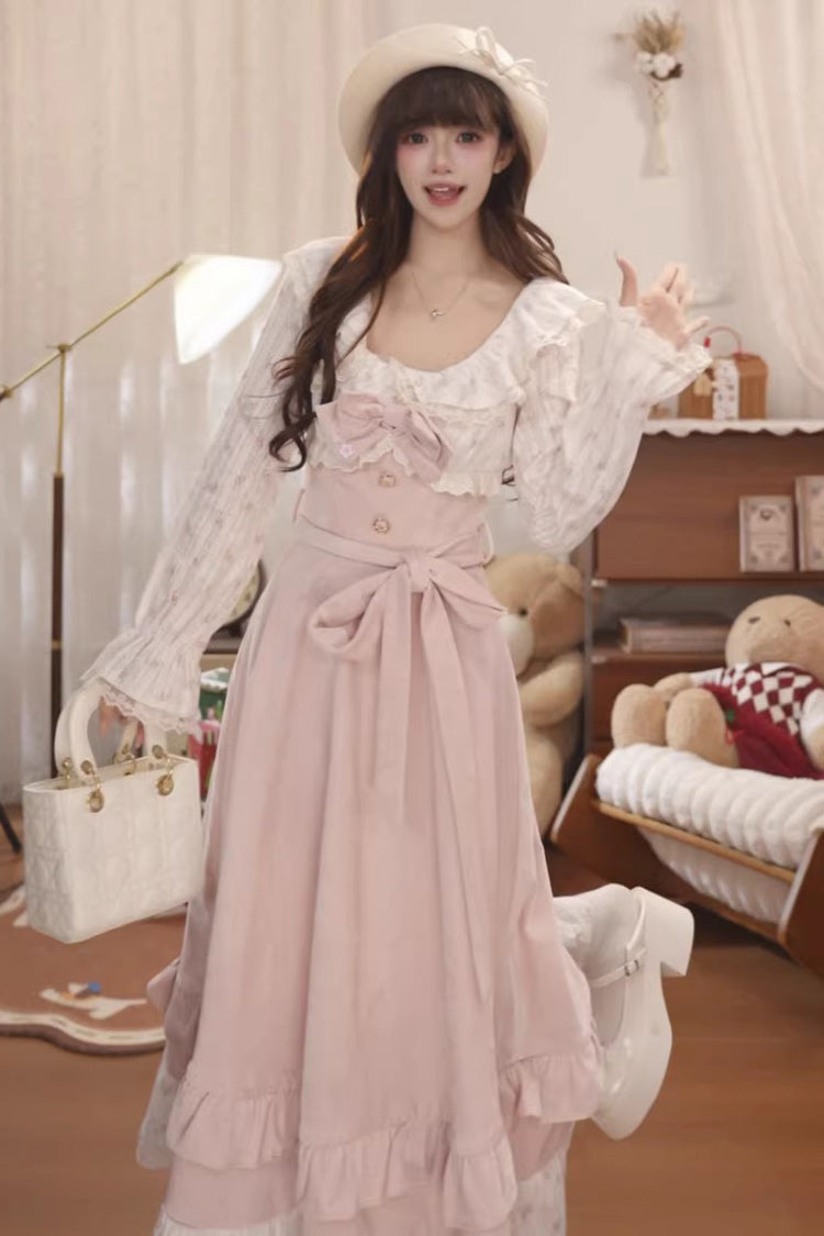 Pink Sakura Milk Cake Long Sleeves Double-Layered Bow Lace Sweet Princess Lolita Dress