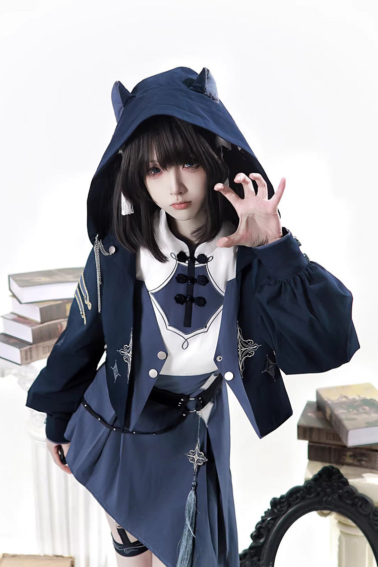 Blue Indigo Shadow Journey Stand Collar Long Sleeves Embroidered Hooded Asymmetric Punk Ouji Lolita Dress Four-Piece Set