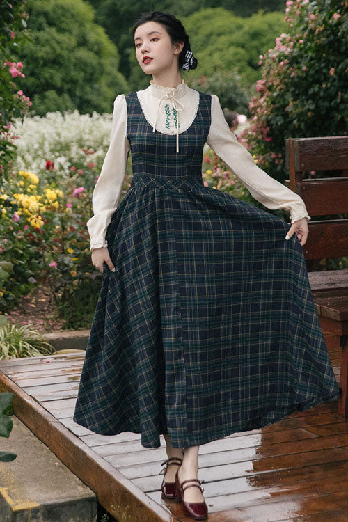 Dark Green Vintage Plaid Print Embroidery Fake Two Pieces High Waisted Classic Lolita Dress