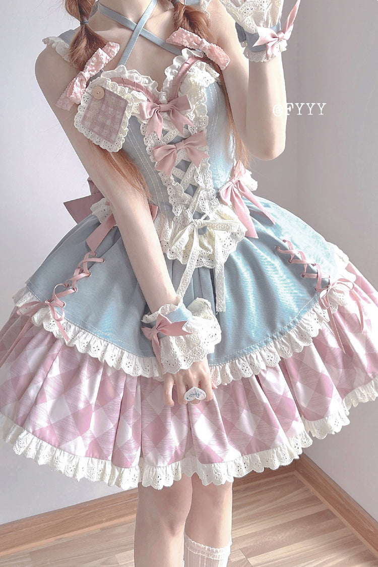 Blue/Pink Sweetheart Cowboy Plaid Print Ruffle Bowknot Sweet Lolita Skirt Set