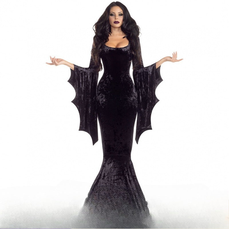 Gothic Lolita Halloween Vampire Witch Costume for Women Dark Bat Ghost Bride Cosplay Dress