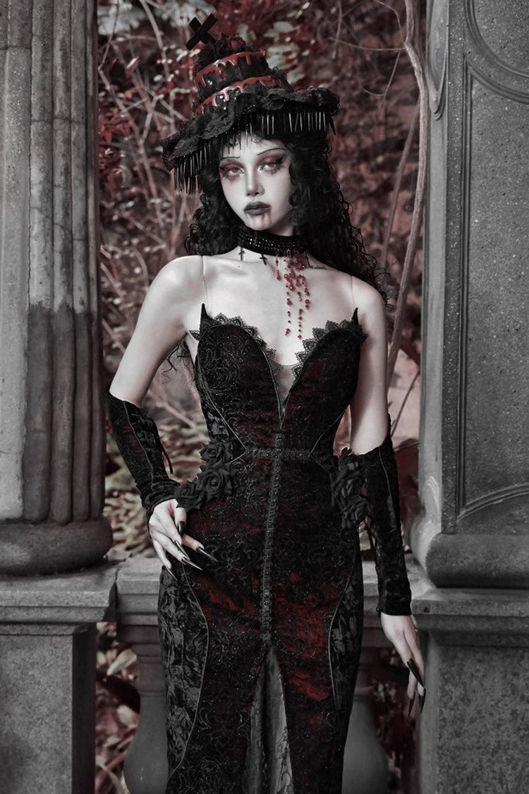 Black/Red Scarlet Blood Peak Sleeveless High Waisted Ruffle Embroidery Lace Gothic Lolita Fishtail Dress