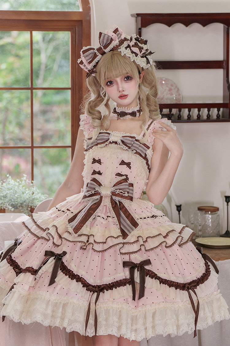 Pink Shengqiao Tata Sleeveless Print Ruffle Bowknot Lace-Up Sweet Elegant Lolita Jsk Dress