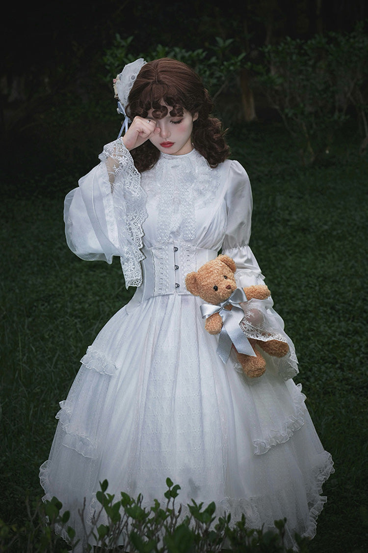 White Requiem Stand Collar Long Sleeves Ruffle Lace Gothic Lolita Dress
