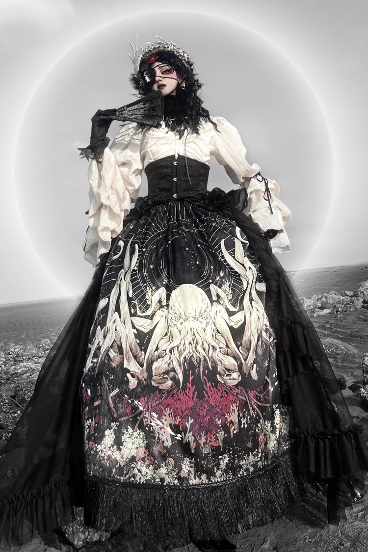 Black Reborn Ancient God Long Hime Sleeves Print Lace Gothic Lolita Skirt Dress Set