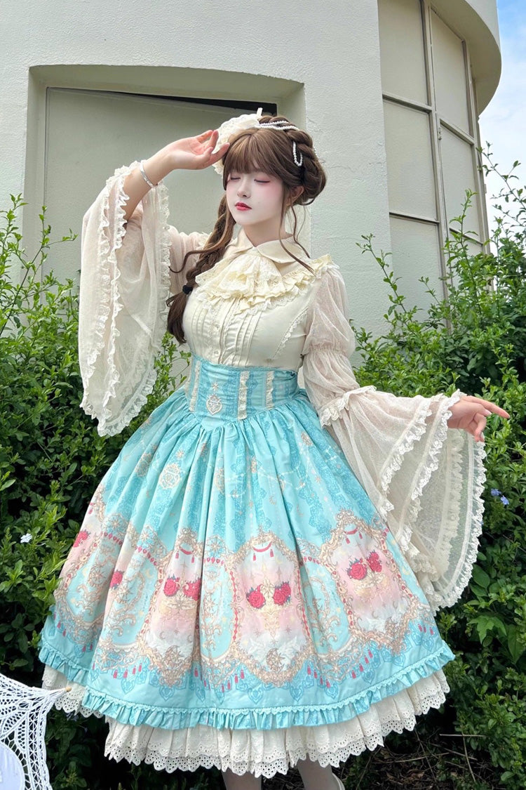 Blue Moonlit Garden Secret Print Ruffle Embroidery Lace Sweet Elegant Palace Lolita Skirt