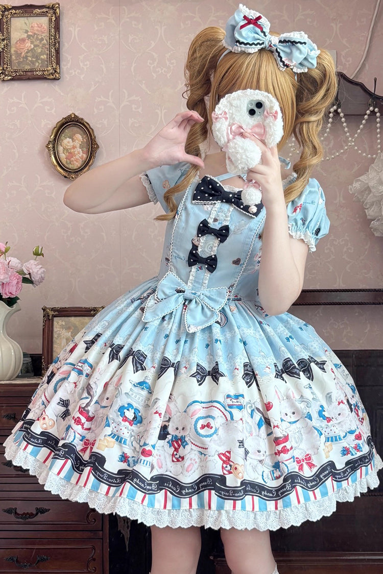 Blue Mystery Rabbit Tea Party Square Collar Short Sleeves Print Ruffle Bowknot Lace Sweet Lolita Dress