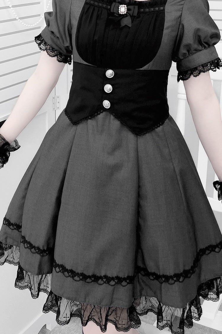 Black/Grey Short Sleeves Ruffle Bowknot Cross Waist Maid Sweet Japanese Lolita Dress Set