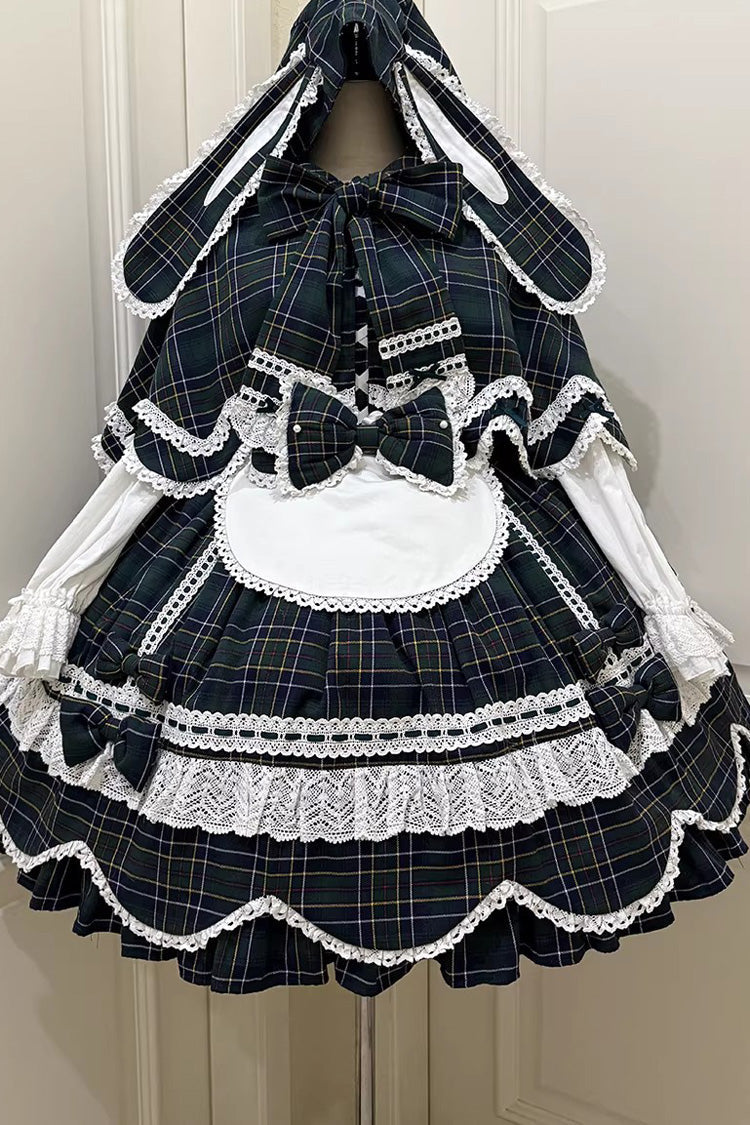 Green Gingham Petal Bunny Short Sleeves Printed Ruffled Bow Sweet Lolita OP Dress